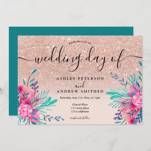 Glitter pink floral greenery watercolor wedding invitation