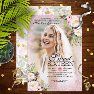 Glitter Pink Floral Photo Template Sweet 16 Party
