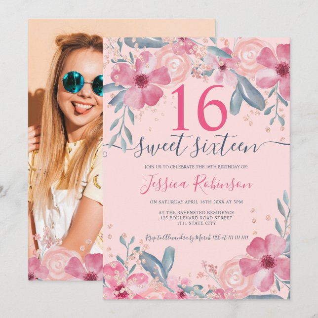 Glitter Pink floral watercolor script Sweet 16 Invitation (Front/Back)