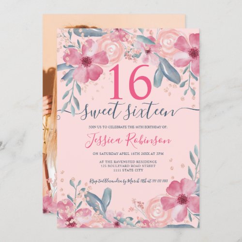 Glitter Pink floral watercolor script Sweet 16 Invitation