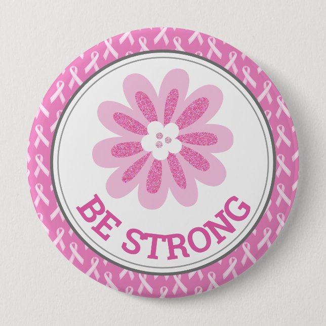 Glitter Pink Flower Breast Cancer Awareness Design Button (Front)