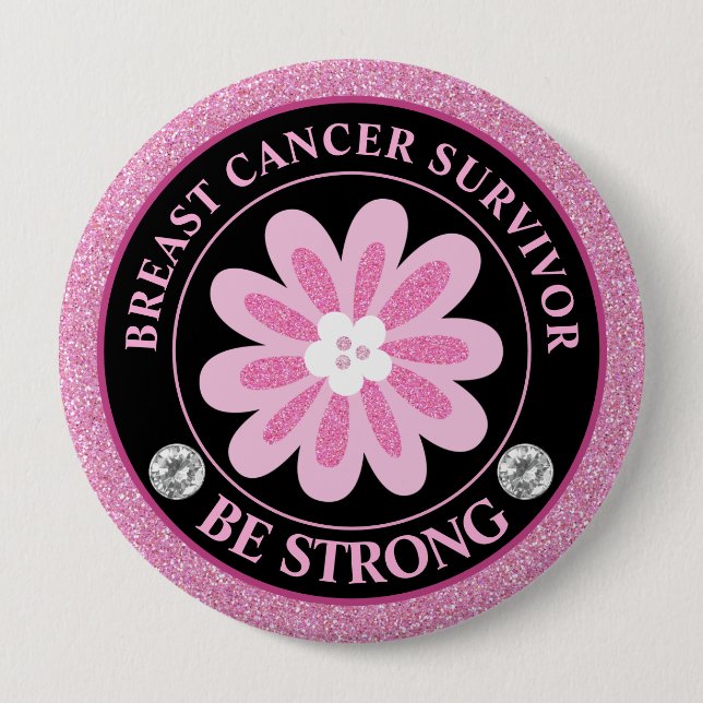 Glitter Pink Flower Breast Cancer Awareness Design Button (Front)
