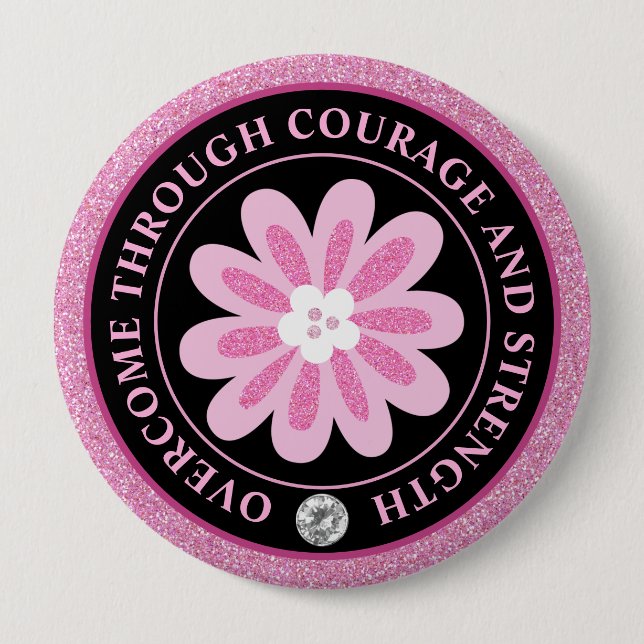 Glitter Pink Flower Breast Cancer Awareness Design Button (Front)