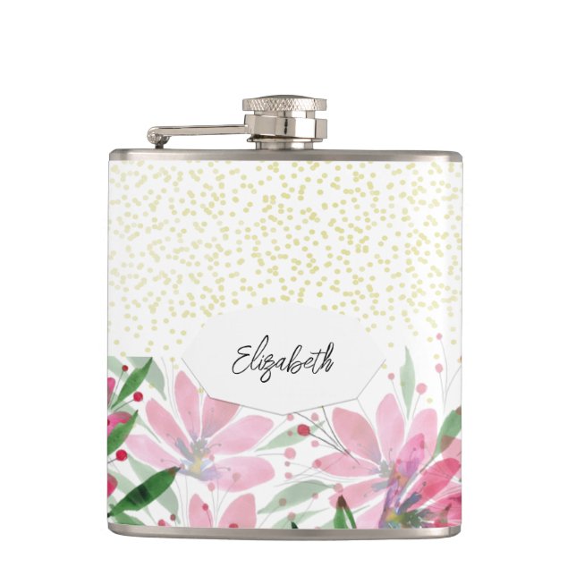Glitter Pink Flowers Bloom Watercolor Flask (Front)