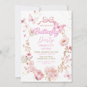 Glitter Pink Garden Watercolor Butterfly Birthday Invitation