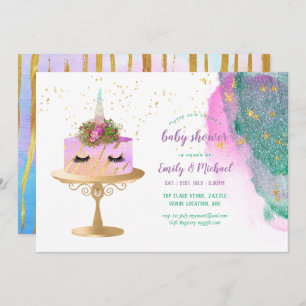 Glitter Pink Gold Unicorn Cake BABY SHOWER Girl Invitation