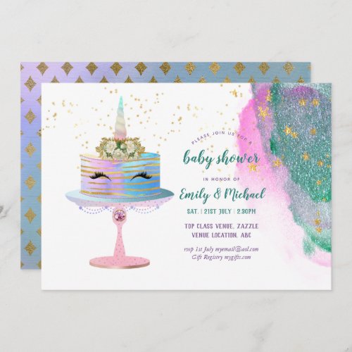 Glitter Pink Gold Unicorn Cake BABY SHOWER Girl Invitation