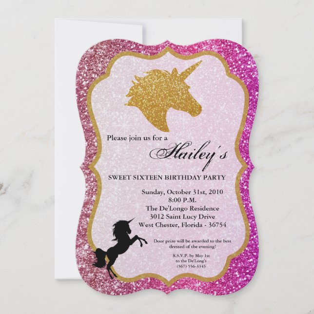 Glitter Pink Gold Unicorn Sweet 16 Birthday Invite (Front)