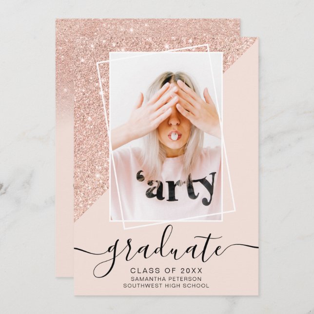 Glitter pink graduate photo block graduation invitation (Front/Back)