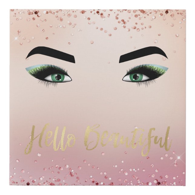 Glitter Pink Green Eyes Eye Lashes Hello Faux Canvas Print (Front)