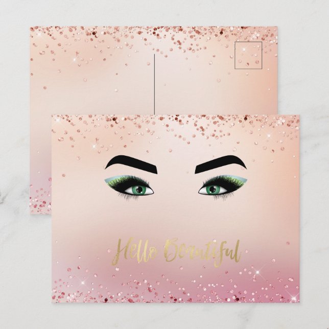 Glitter Pink Green Eyes Eye Lashes Hello Postcard (Front/Back)