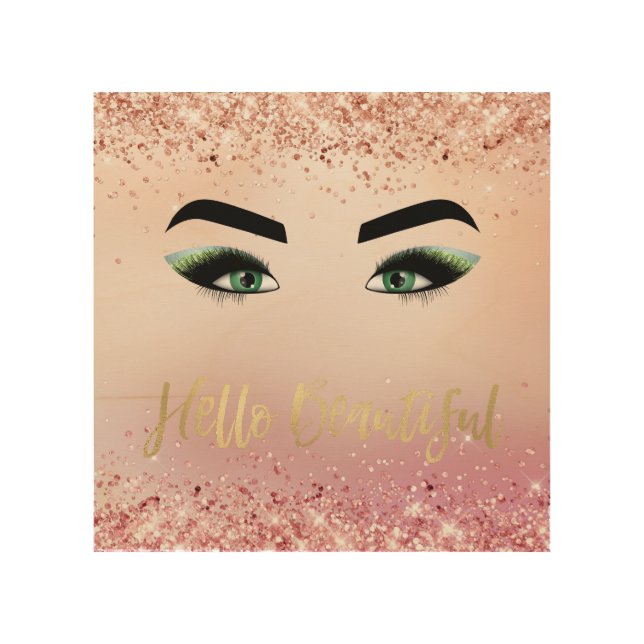 Glitter Pink Green Eyes Eye Lashes Hello Wood Wall Art (Front)