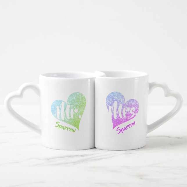 Glitter Pink Green Heart Couple Mug Set (Front Nesting)