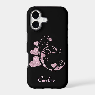 Glitter Pink Heart Swirl Monogram iPhone 17 Case