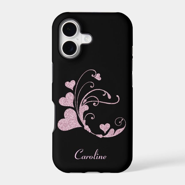 Glitter Pink Heart Swirl Monogram iPhone Case (Back)