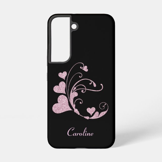 Glitter Pink Heart Swirl Monogram Samsung Galaxy Case (Back)