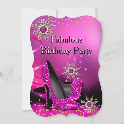 Glitter Pink Heels Birthday Party Gold Black Pearl Invitation