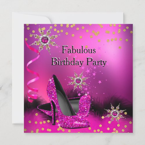 Glitter Pink Heels Birthday Party Gold Black Pearl Invitation