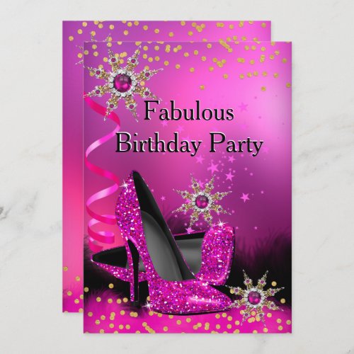 Glitter Pink Heels Birthday Party Gold Black Pearl Invitation
