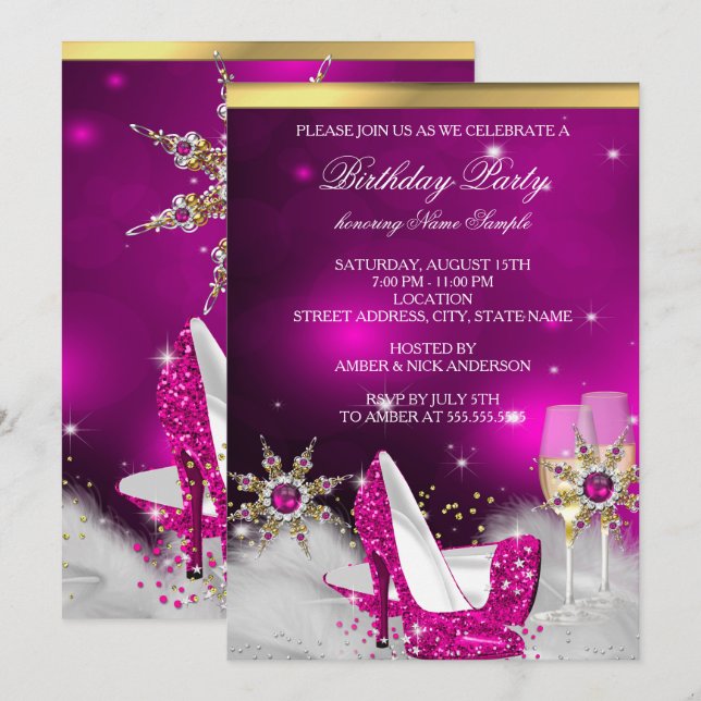 Glitter Pink High Heel Shoes Silver Gold Champagne Invitation (Front/Back)