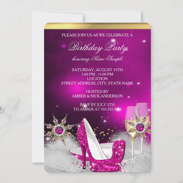 Glitter Pink High Heel Shoes Silver Gold Champagne Invitation (Front)