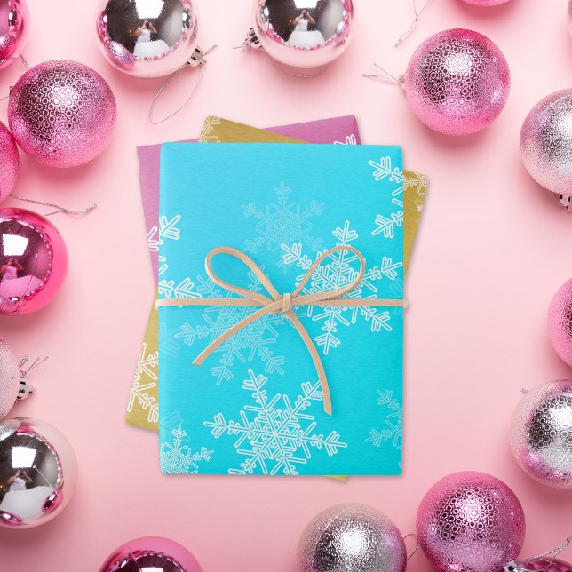 Glitter Pink Icy Blue Golden Snowflakes Christmas Wrapping Paper Sheets (Creator Uploaded)