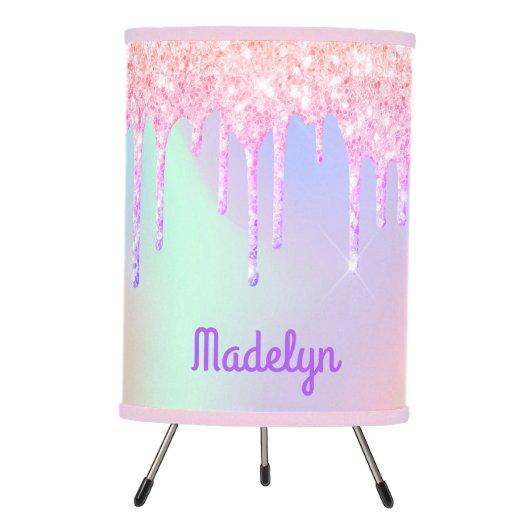 Glitter pink iridescent pink rose gold monogram tripod lamp (Front)