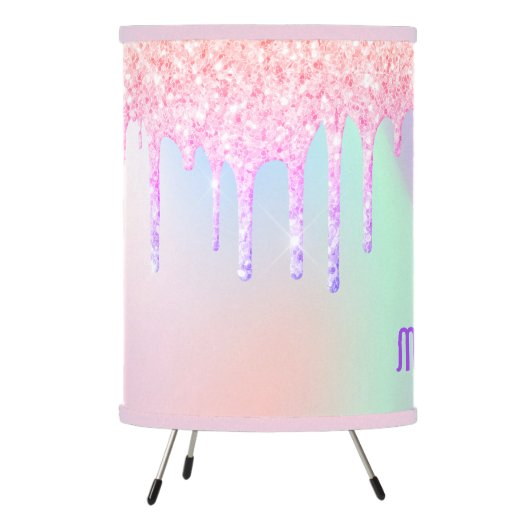 Glitter pink iridescent pink rose gold monogram tripod lamp (Left)