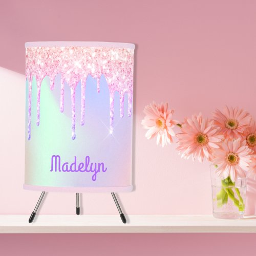 Glitter pink iridescent pink rose gold monogram tripod lamp