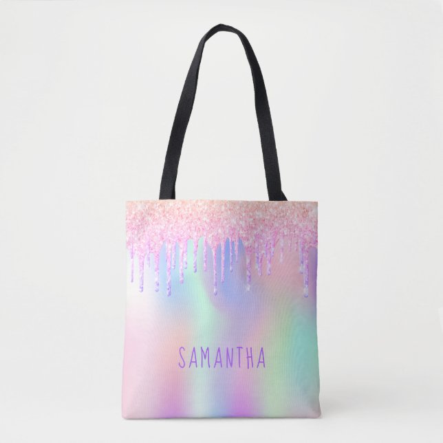 Glitter pink iridescent rainbow rose gold monogram tote bag (Front)