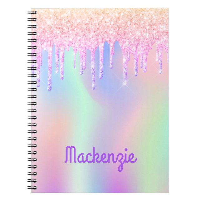Glitter pink iridescent unicorn girl name notebook (Front)