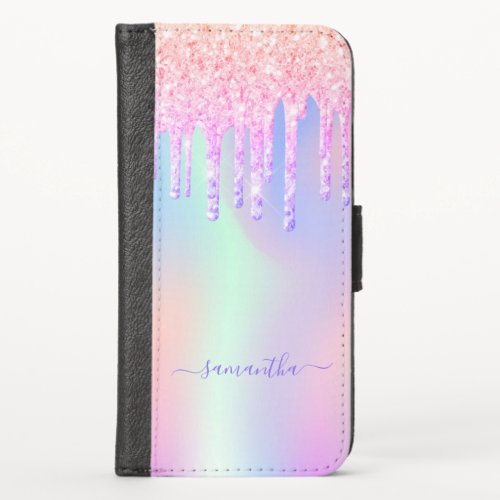 Glitter pink iridescent unicorn rainbow monogram iPhone XS wallet case