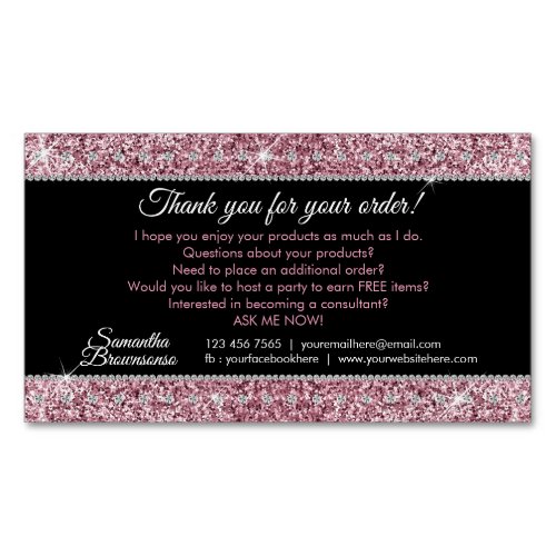 Glitter Pink Jewelry Diamond Bling Thank you Business Card Magnet