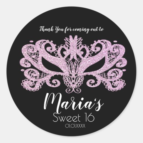 Glitter Pink Masquerade Mask Party Favor Classic Round Sticker