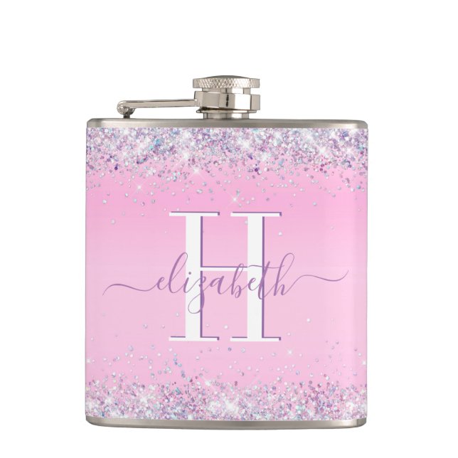 Glitter Pink Monogram Flask (Front)