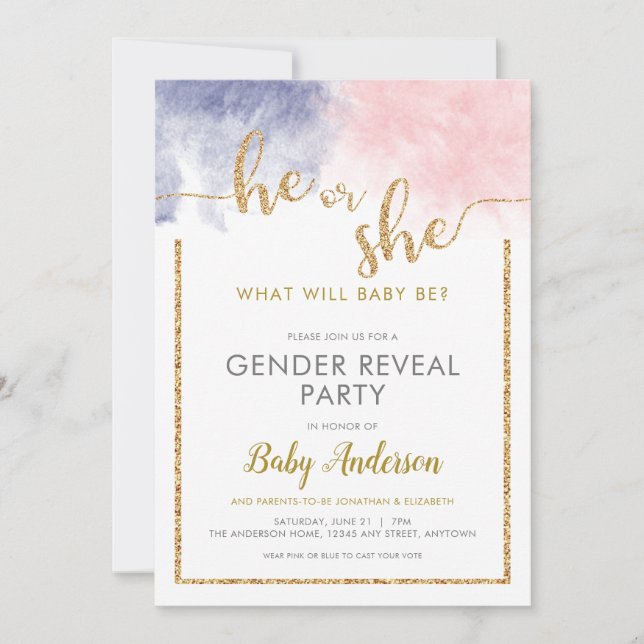 Glitter Pink & Navy Blue Watercolor Gender Reveal Invitation (Front)