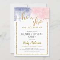 Glitter Pink & Navy Blue Watercolor Gender Reveal Invitation