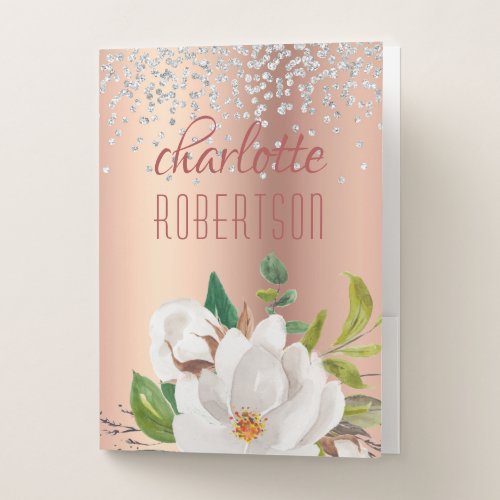 Glitter Pink Ombre Girly Watercolor Floral Name Pocket Folder