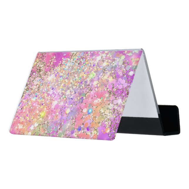 Glitter Pink Opal Desk Business Card Holder (Angled Back)