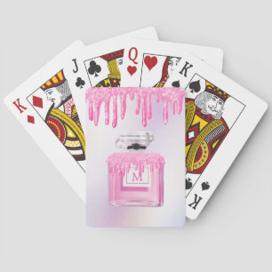 Glitter Pink Paint Drip Perfume Monogram Poker Cards