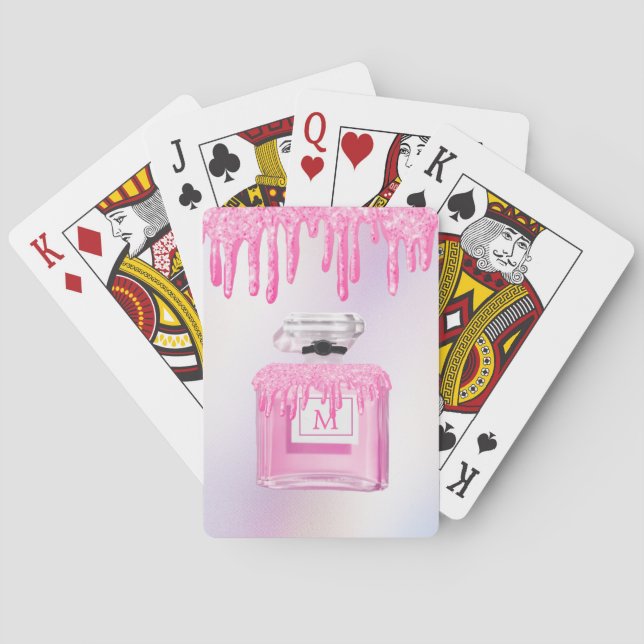Glitter Pink Paint Drip Perfume Monogram Poker Cards (Back)