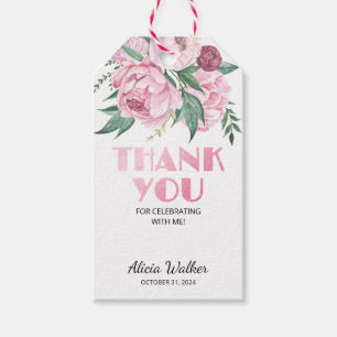 Glitter Pink Peony Floral Greenery Birthday Gift Tags
