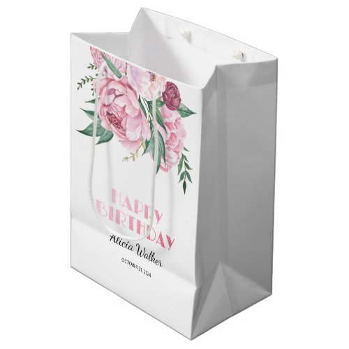 Glitter Pink Peony Floral Greenery Birthday  Medium Gift Bag