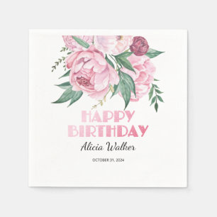 Glitter Pink Peony Floral Greenery Birthday  Napkins