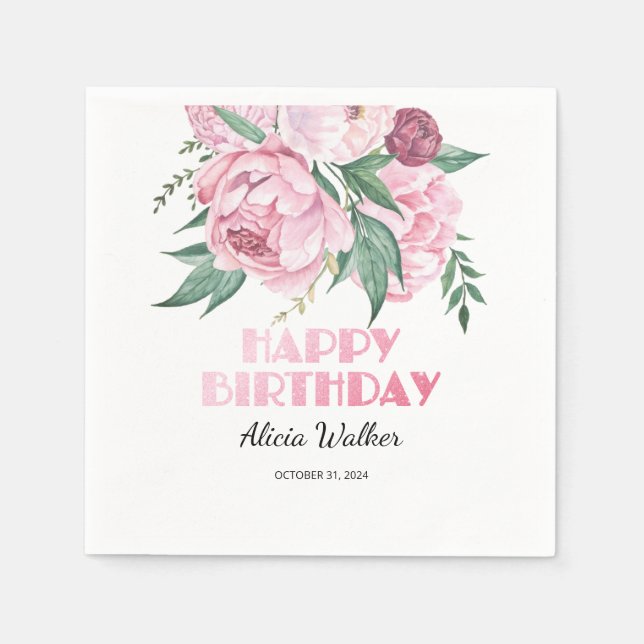 Glitter Pink Peony Floral Greenery Birthday  Napkins (Front)