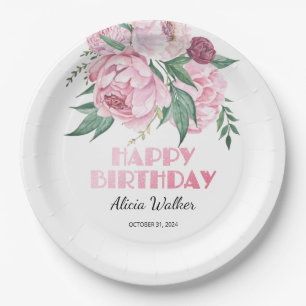 Glitter Pink Peony Floral Greenery Birthday Paper Plates