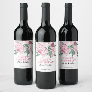 Glitter Pink Peony Floral Greenery Birthday Wine Label