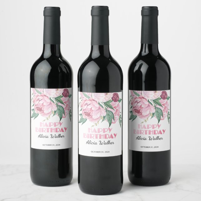 Glitter Pink Peony Floral Greenery Birthday Wine Label (Bottles)