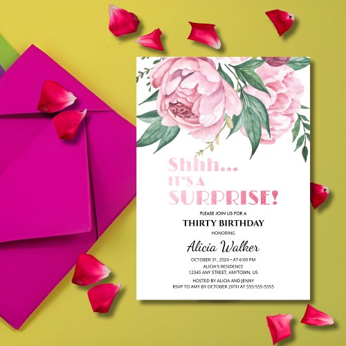 Glitter Pink Peony Floral Surprise Birthday  Invitation