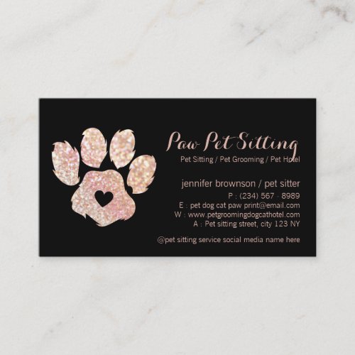 Glitter Pink Pet Sitter Grooming Paw Business Card